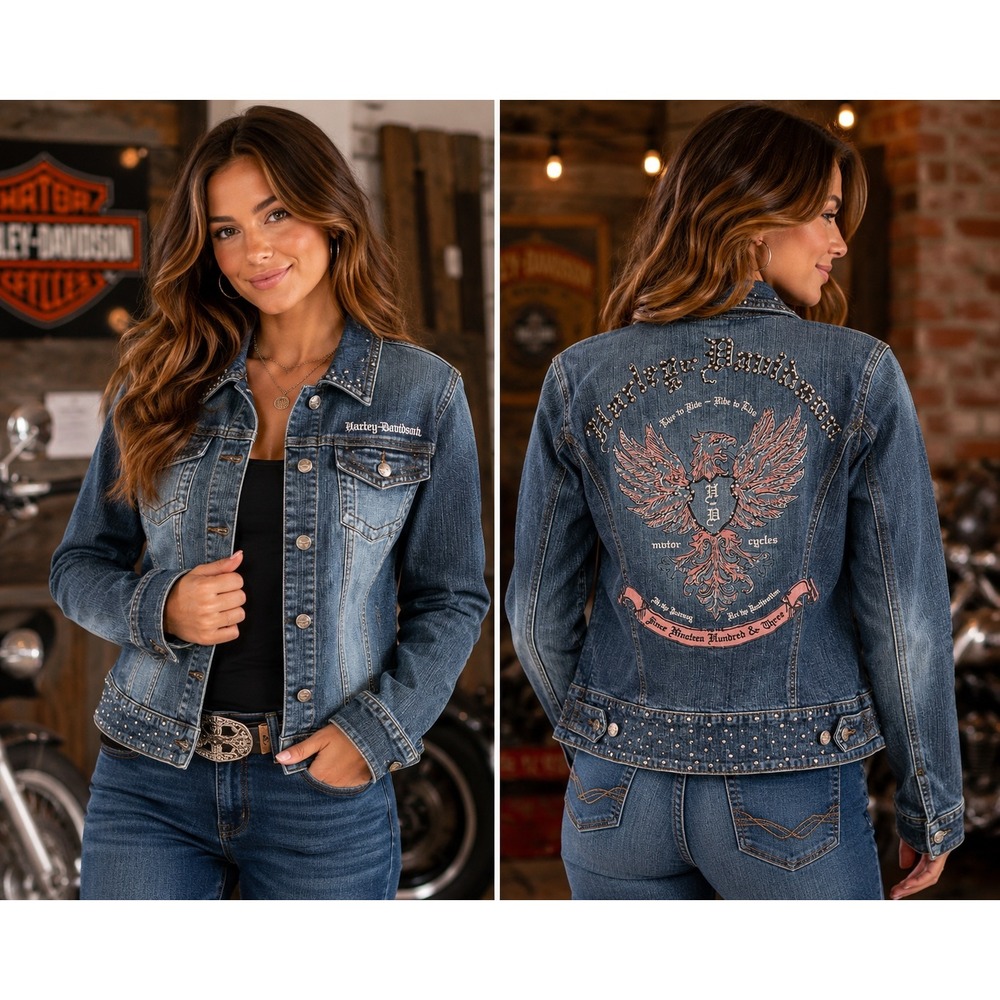 Harley-Davidson Women Studded Eagle‎ Graphic Denim Jacket 1W vintage embroidered